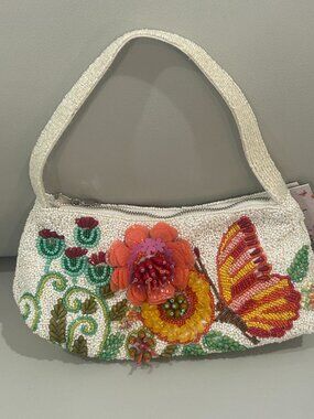 White 3D Colorful Flower Butterfly Floral Beaded Bag Handcrafted in India NWT